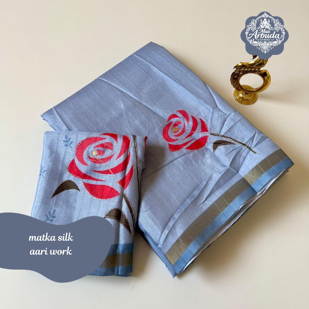 Matka Silk Saree with Rose Aari Work and Tassels!