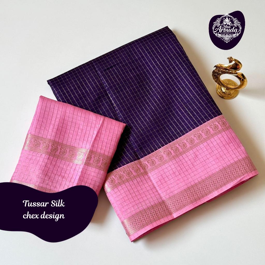 Pure Tussar Base Saree with All Over Chex Design and Contrast Blouse!