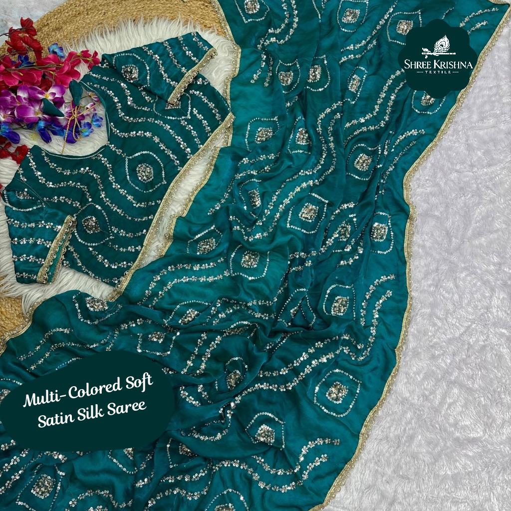 Multi-Colored Soft Satin Silk Saree with Hand Work Lace Border 