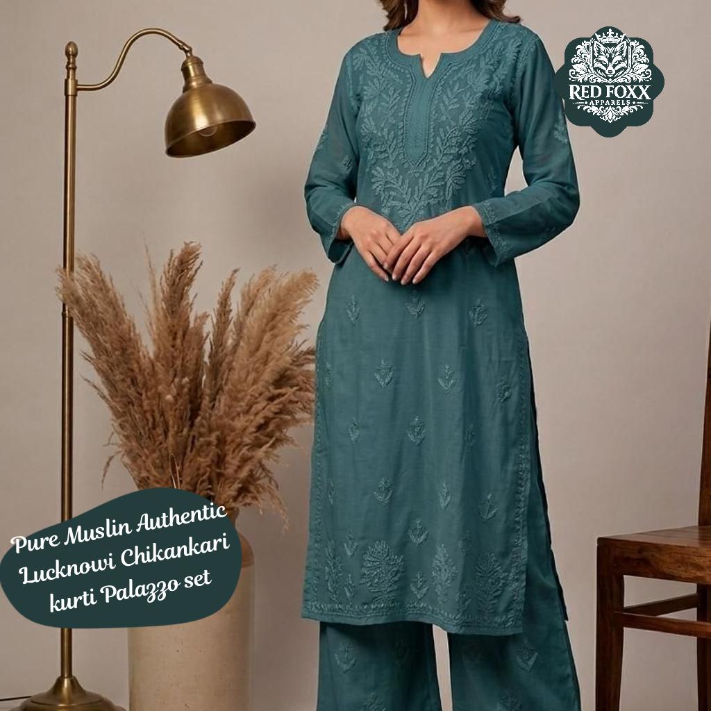 Authentic Lucknowi Chikankari Muslin Kurti Palazzo set