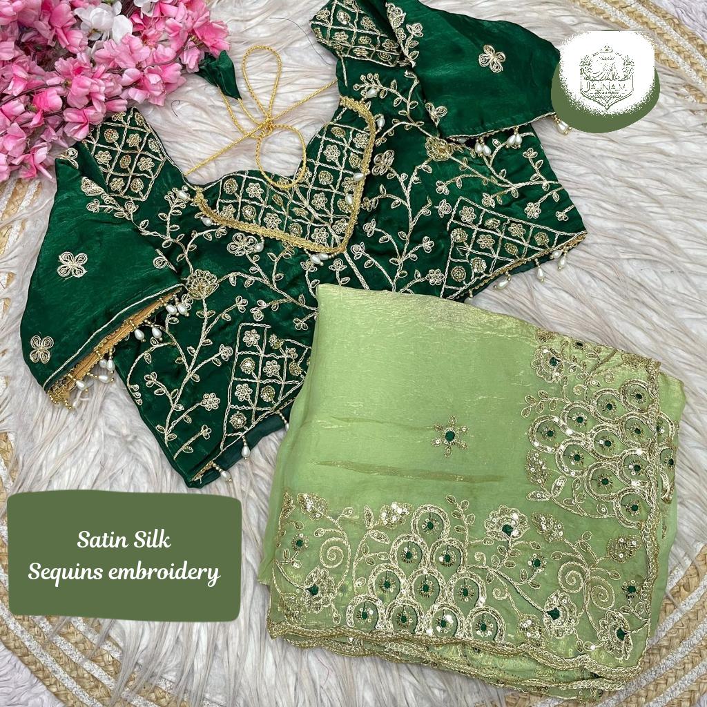 Fendy Satin Silk Saree with Embroidery and Stitched Blouse!