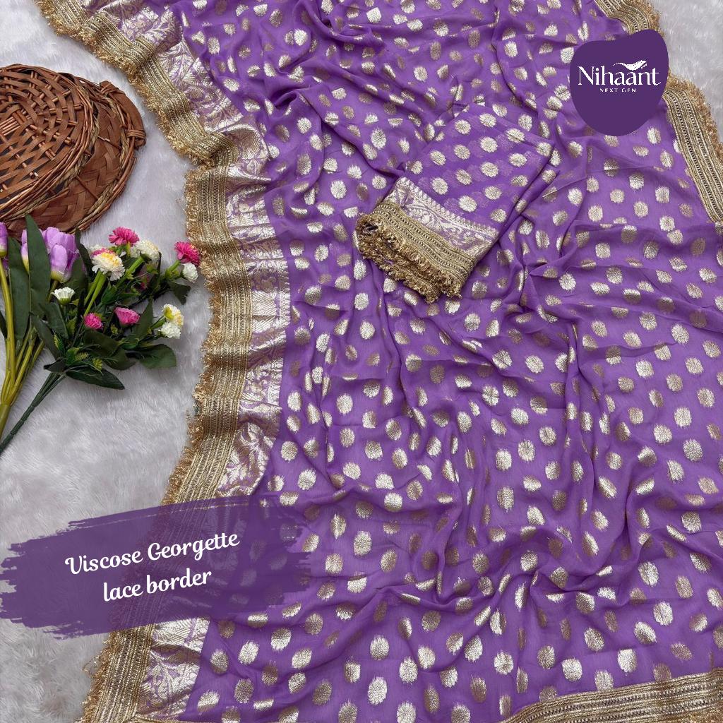 Viscose Georgette Saree with Lace Border and Hand Dyed Design!