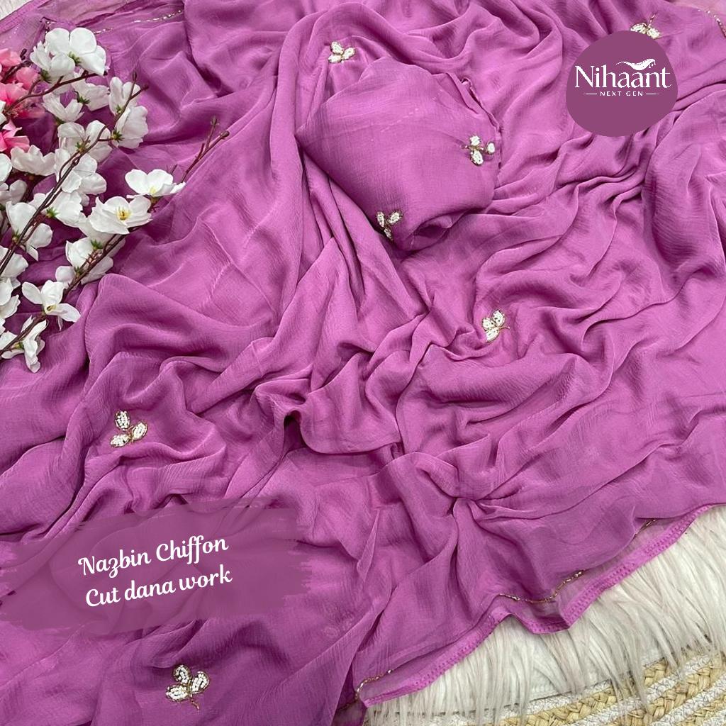 Light Weight Soft Nazbin Chiffon Saree with Cut Dana Work!