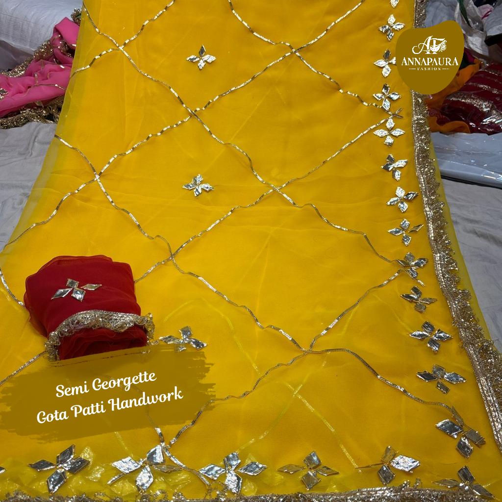Royal Red Georgette Mirror & Gota Patti Saree With Lace Border And Designer Blouse!