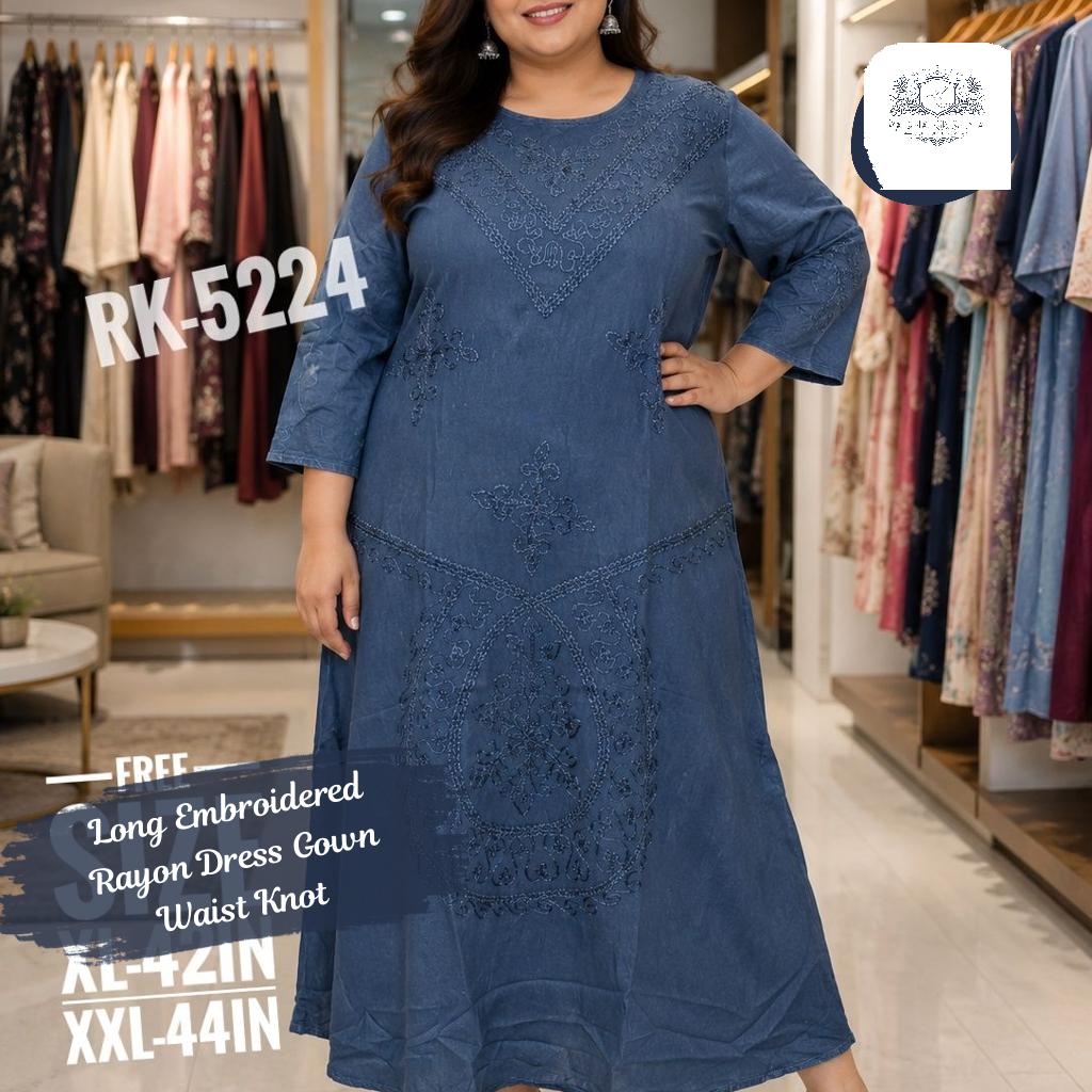 Long Embroidered Rayon Dress Gown with Waist Knot