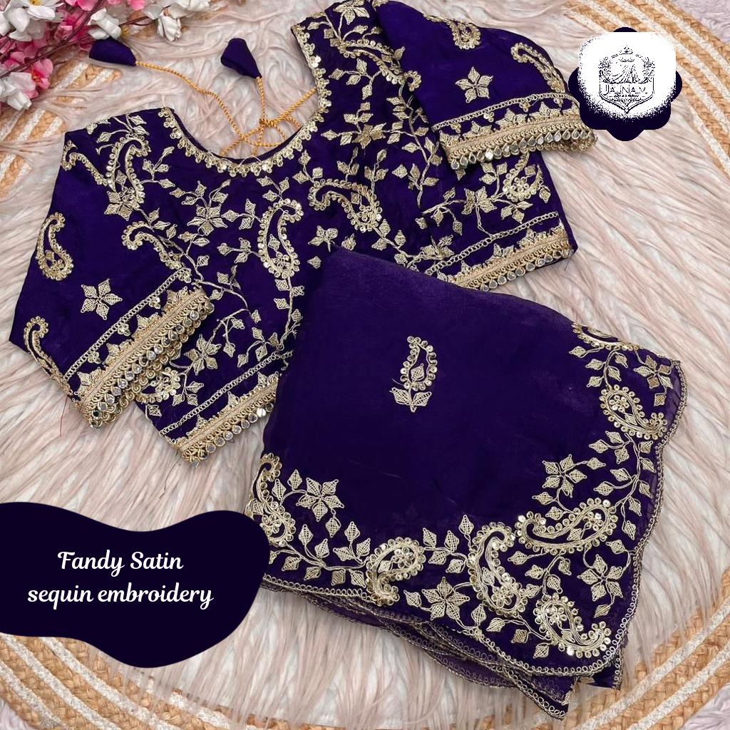 Heavy Fandy Satin Embroidered Saree with Stitched Blouse!