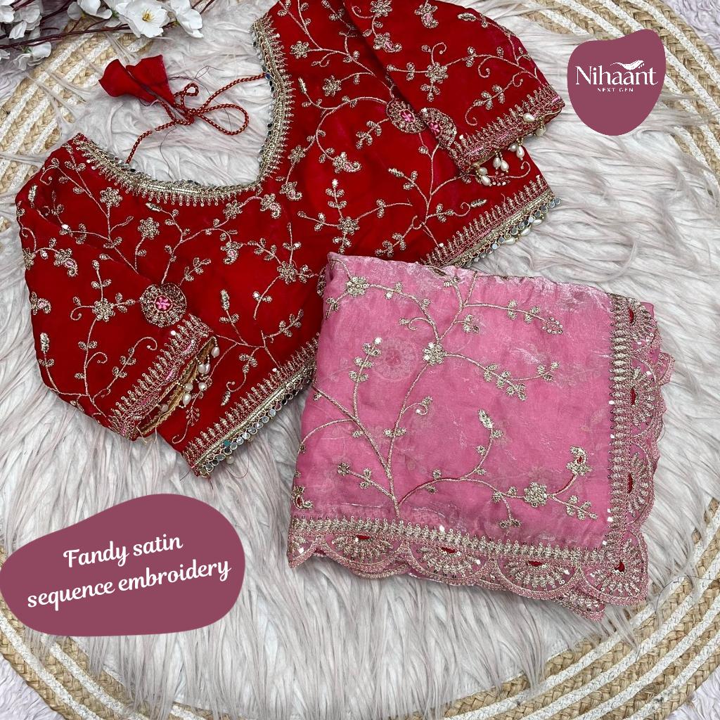 Fandy Satin Embroidered Saree with Stitched Blouse!