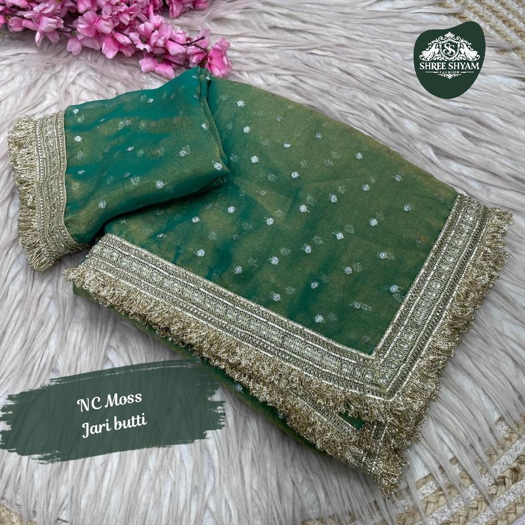 Party Wear Moss Fabric Saree with Jari Butti and Lace Border!