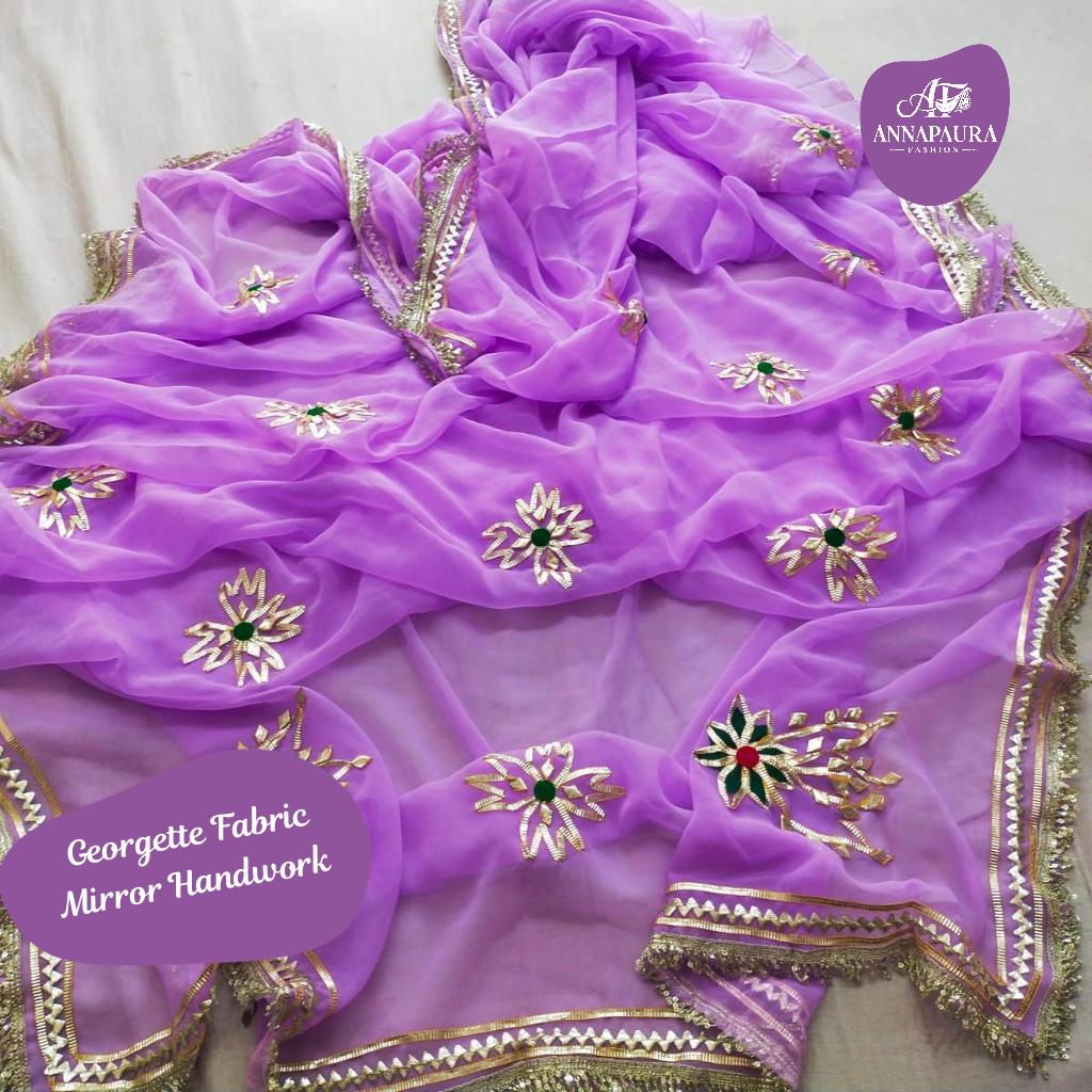 Soft Georgette Lavender Saree with Floral Gota Patti & Mirror Handwork!