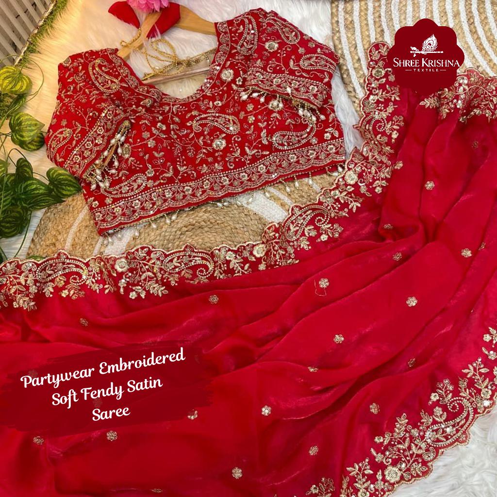 Soft Fendy Satin Embroidered Party Saree with Heavy Border and Stitched Blouse