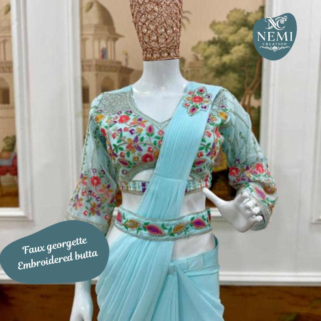 Ready to Wear Faux Georgette Saree with Embroidered Blouse and Waist Belt!