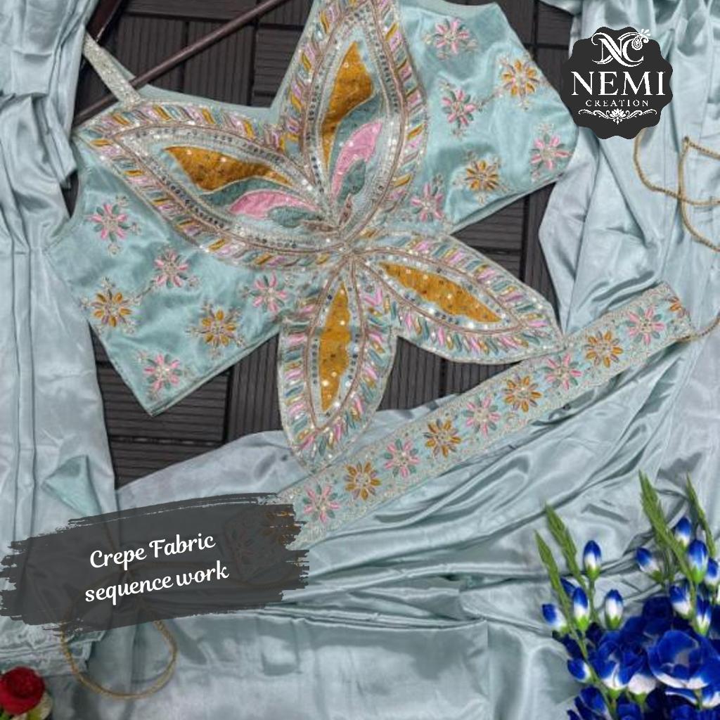 Heavy Crepe Embroidery Sequence Ready to Wear Saree with Embroidery Blouse!