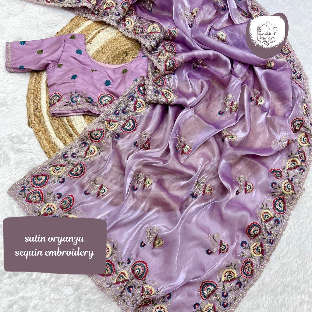 Pure Soft Satin Organza Saree with Embroidery and Stitched Blouse!