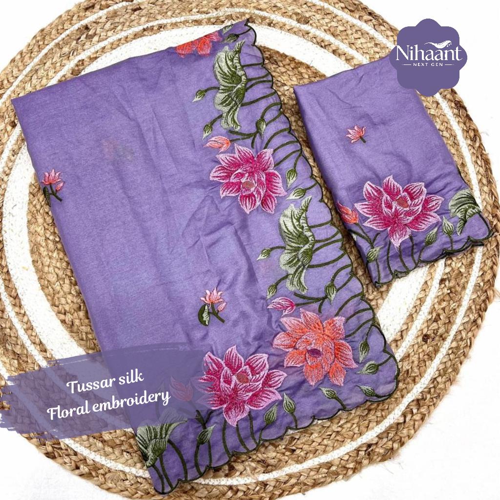 Tussar Silk Saree with Floral Embroidery and Scallop Border!