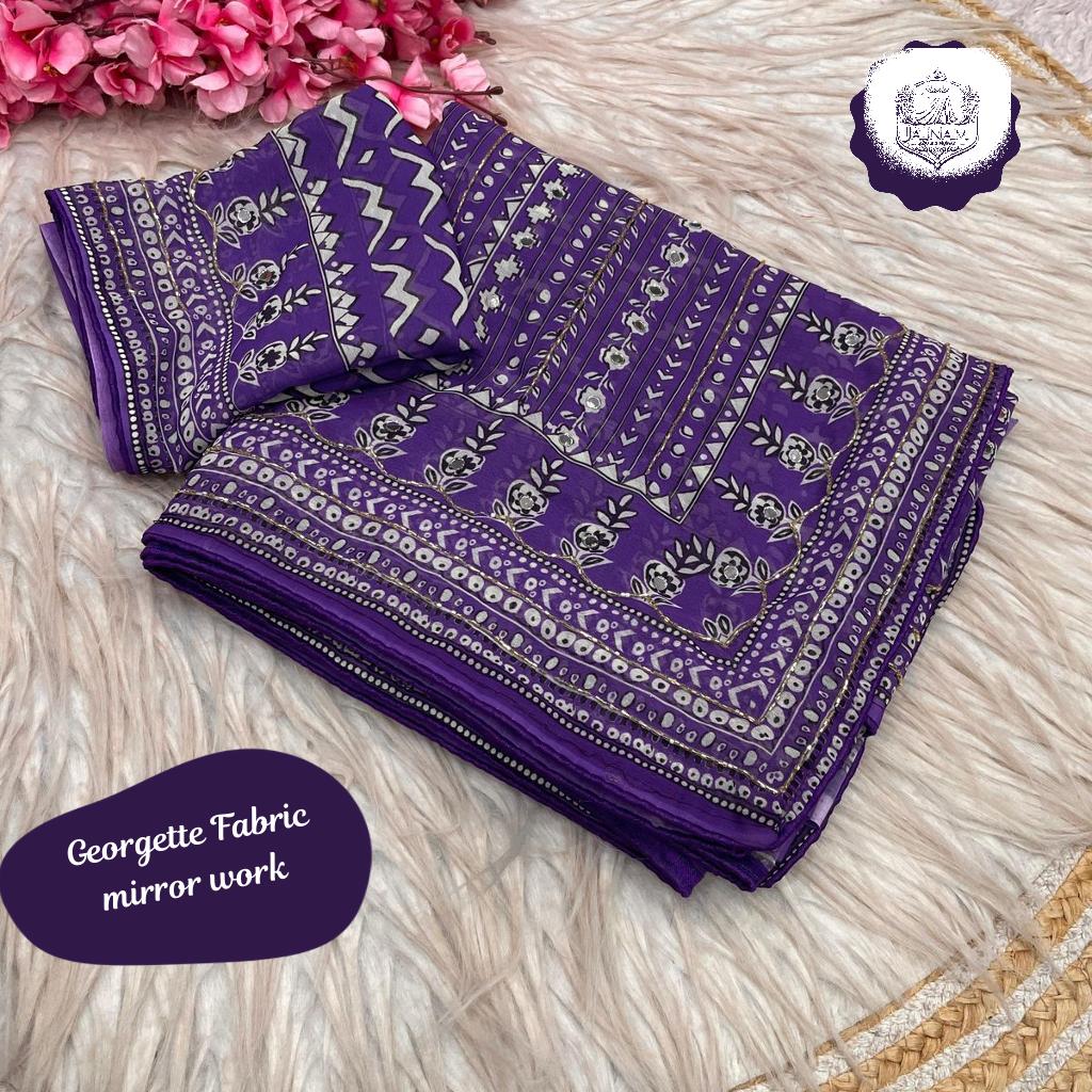 Heavy Mirror Work Georgette Saree with Printed Unstitched Blouse!