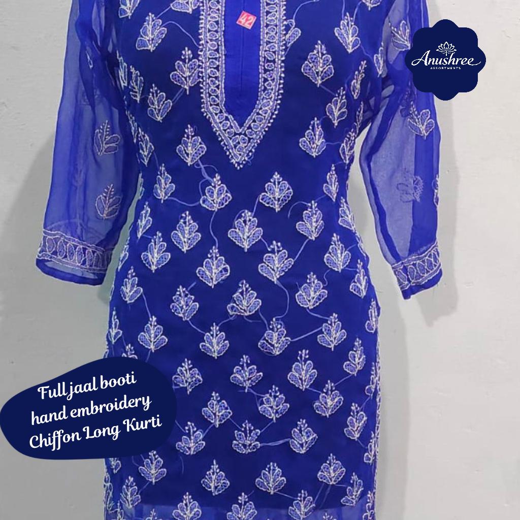Chiffon Long Kurti with Full Jaal Booti Hand Embroidery