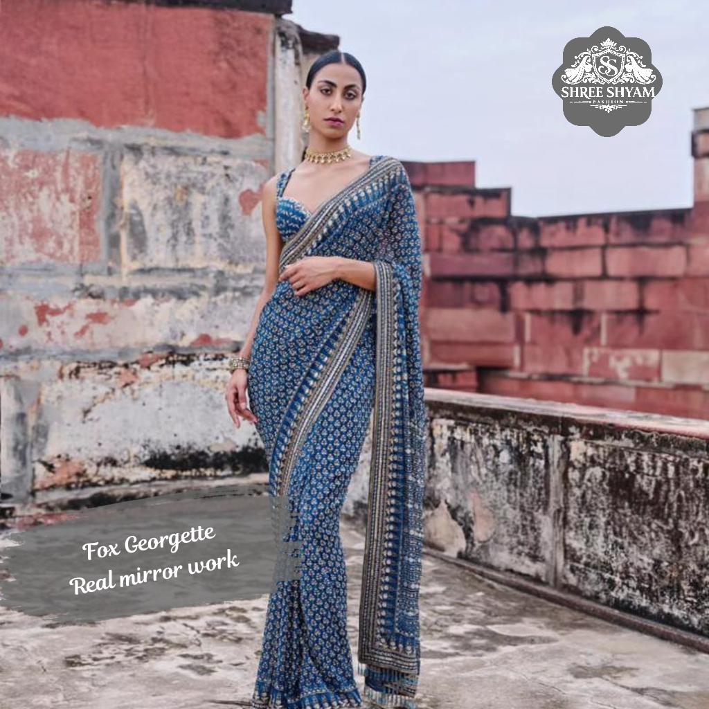 Party Wear Fox Georgette Saree with Prints, Katdana, and Mirror Work!