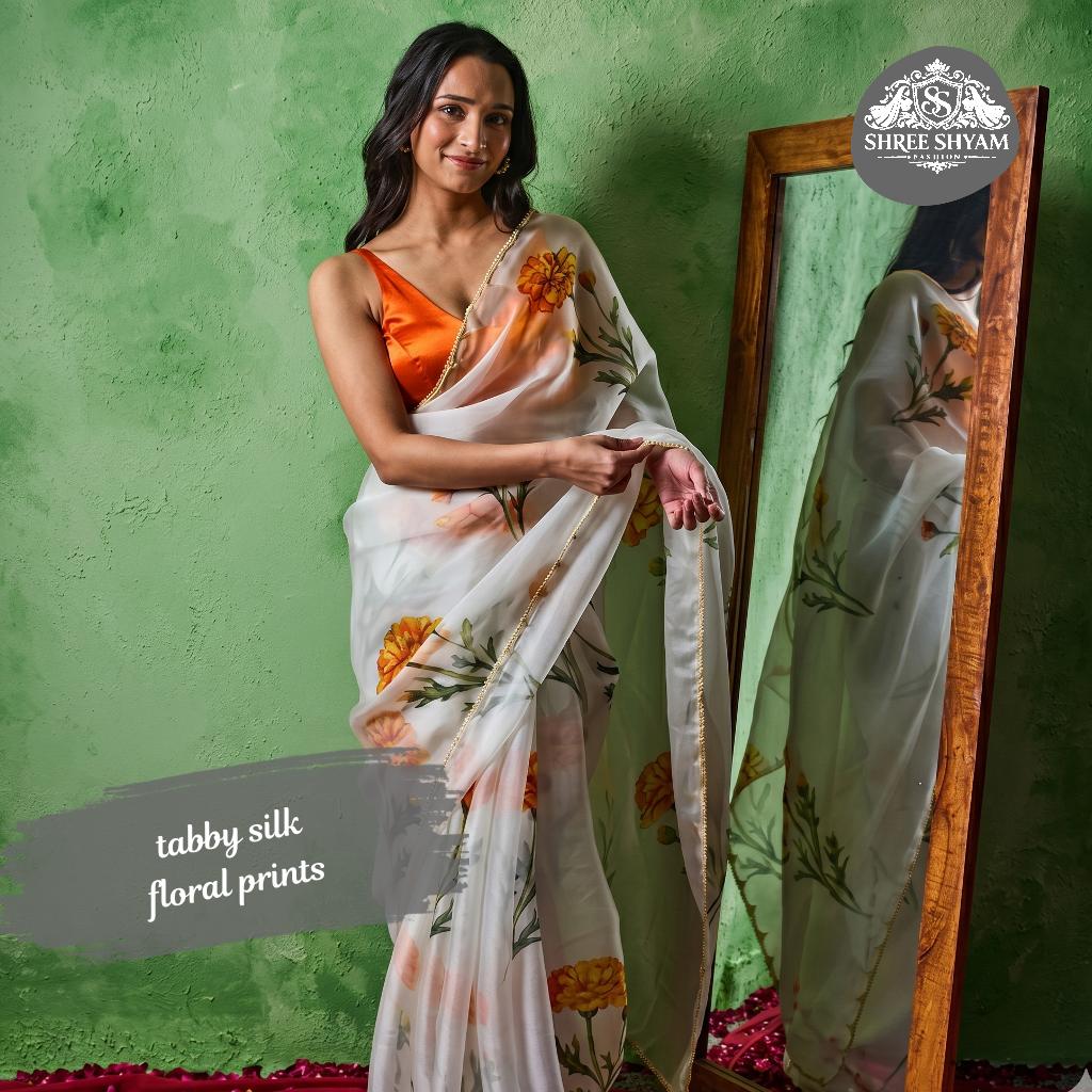 Party Wear Taby Silk Saree with Floral Prints, Beads and Handwork!