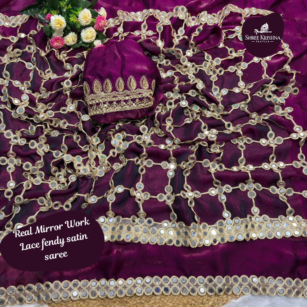 Soft Fandy Satin Silk Saree with Real Mirror Work Lace