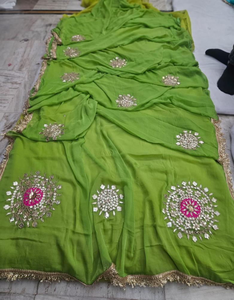 Semi Chiffon Hand Gotta Patti Thali Design Work Saree with Contrast Blouse