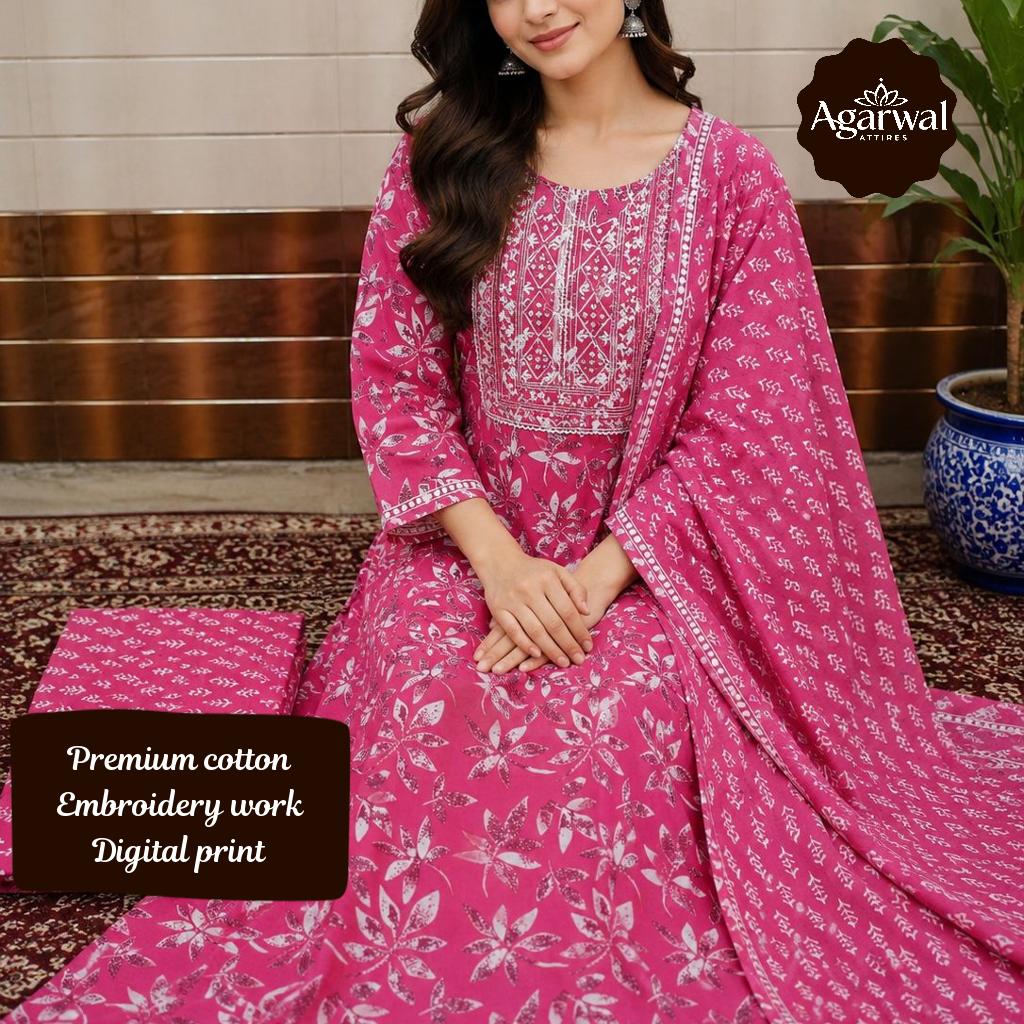 Pure Cotton Kurti Pant Dupatta Set with Embroidery Work