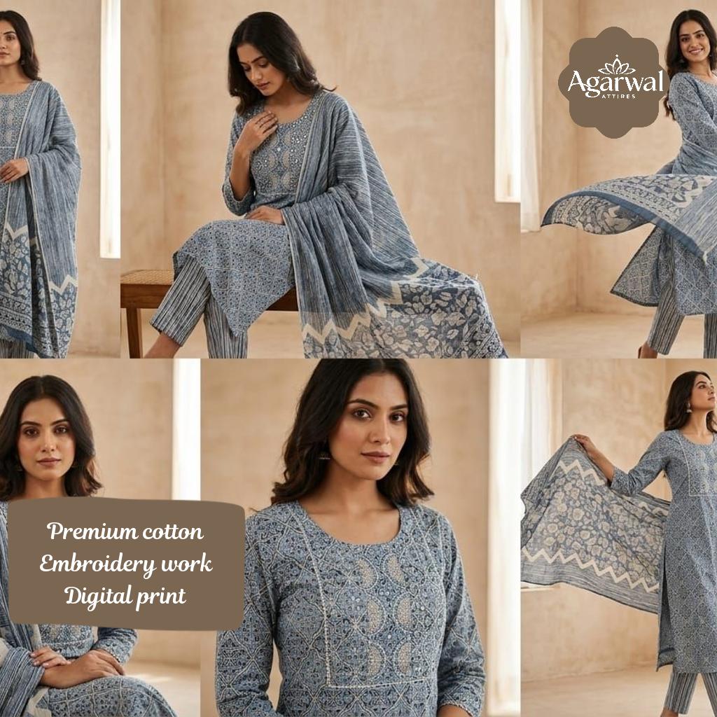 Kurti Pant Dupatta Set Pure Cotton Embroidery Work L-XXL