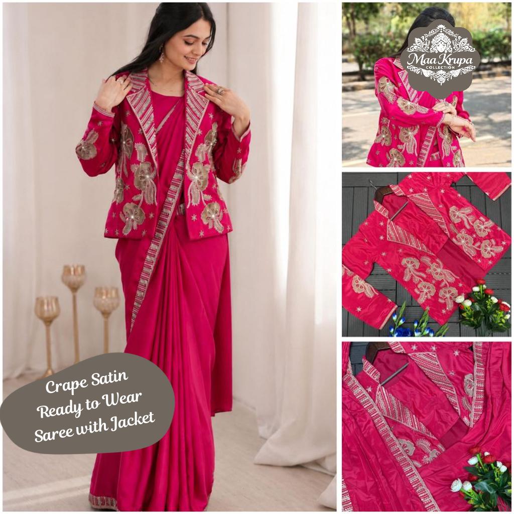 Heavy Crape Satin Embroidered Ready to Wear Saree with Jacket
