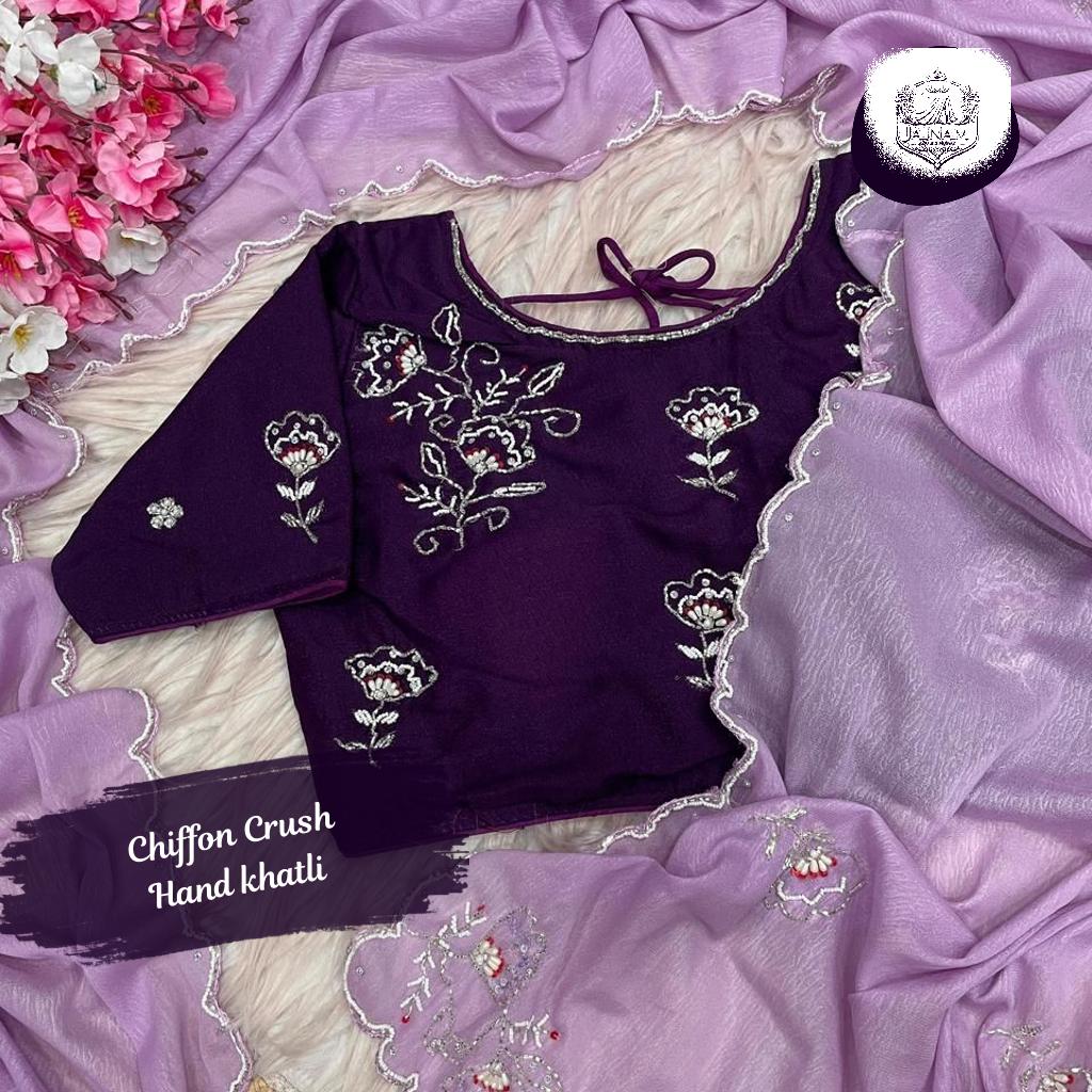 New Chiffon Crush Saree with Stitched Blouse & Khatli Work!