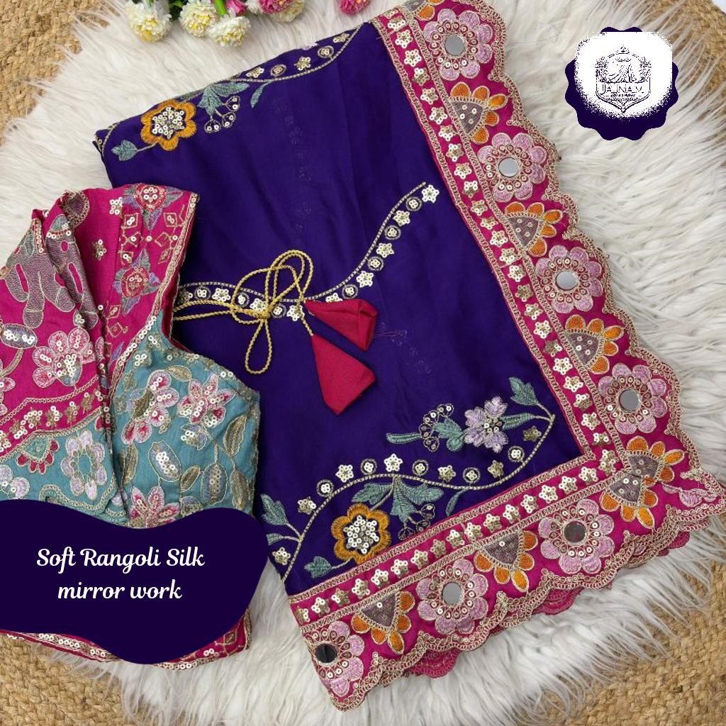 Jaal Border Soft Rangoli Silk Saree with Stitched Embroidered!