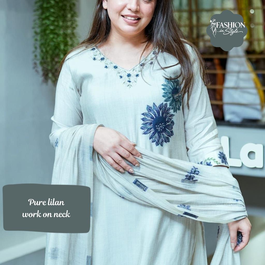Designer Pure Lilan Printed Suit Set with Hand Work Neck, Pant & Dupatta!