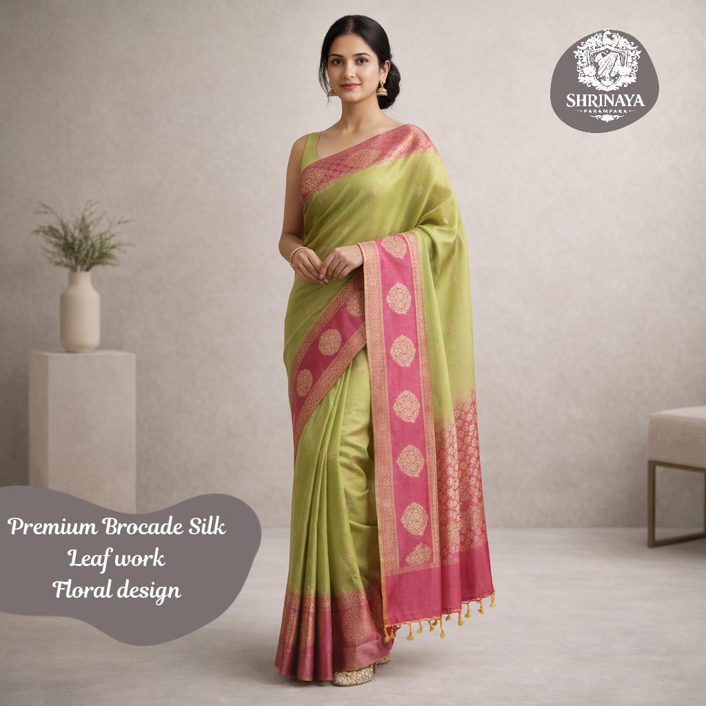 Green Banarasi Brocade Silk Saree with Leaf Zari Work and Blouse Piece