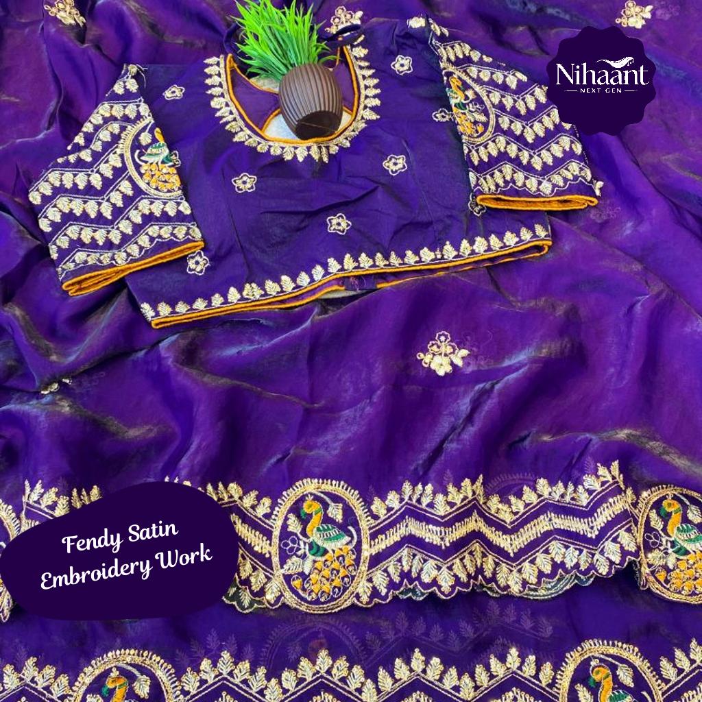 Fendy Satin Embroidered Saree with Heavy Border and Stitched!