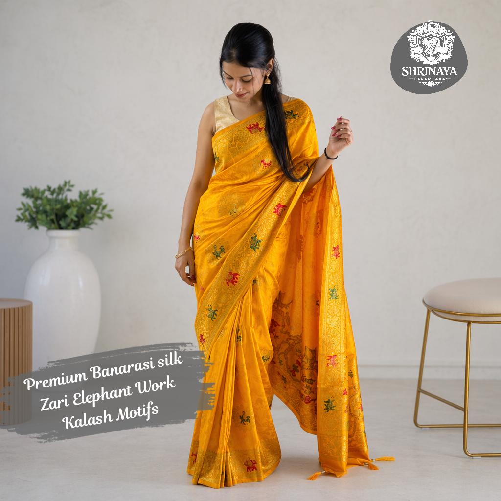 Yellow Banarasi Silk Saree with Zari Elephant and Kalash Motifs