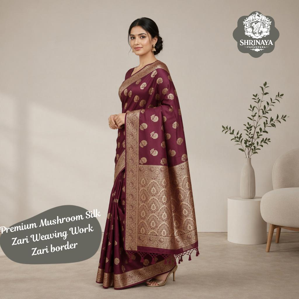 Maroon Mushroom Silk Saree with Zari Border and Attached Blouse
