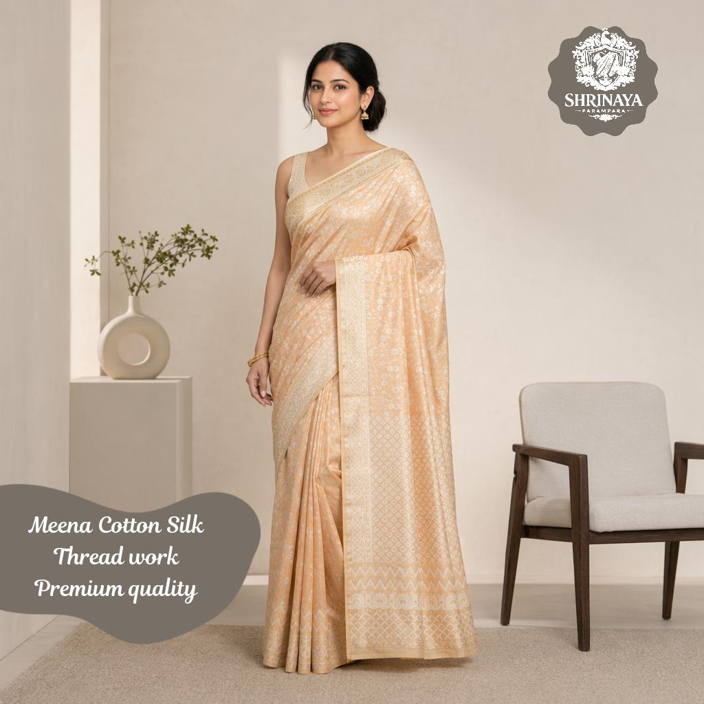 Meena Cotton Silk Jaal Threadwork Saree with Bail Pattern and Blouse