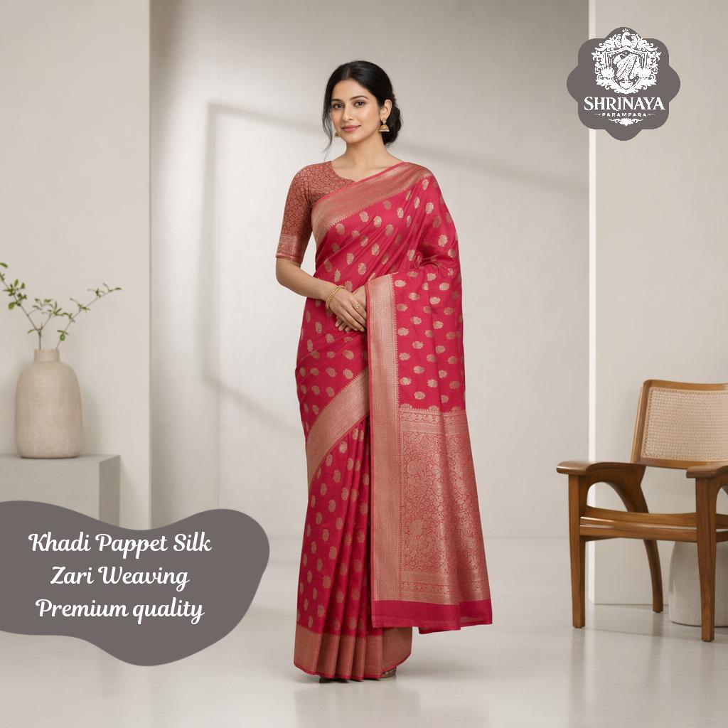 Khadi Pappet Silk Saree in Red with Zari Work and Blouse Piece