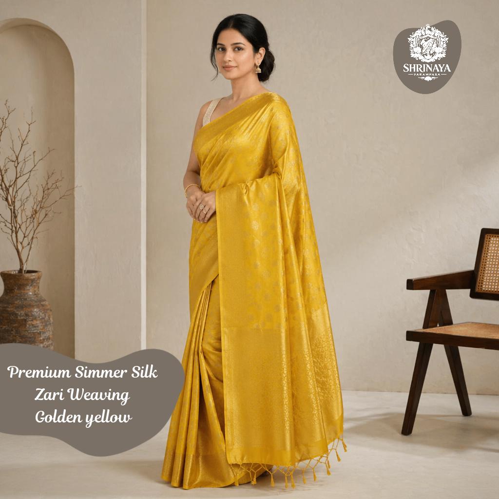 Simmer Silk Saree Golden Yellow with Zari Work and Blouse Piece