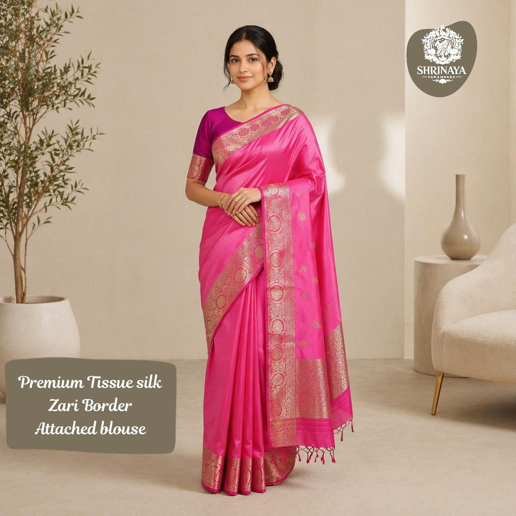 Soft Tissue Silk Saree with Brocade Jal Pattern, Zari Border, and Attached Blouse