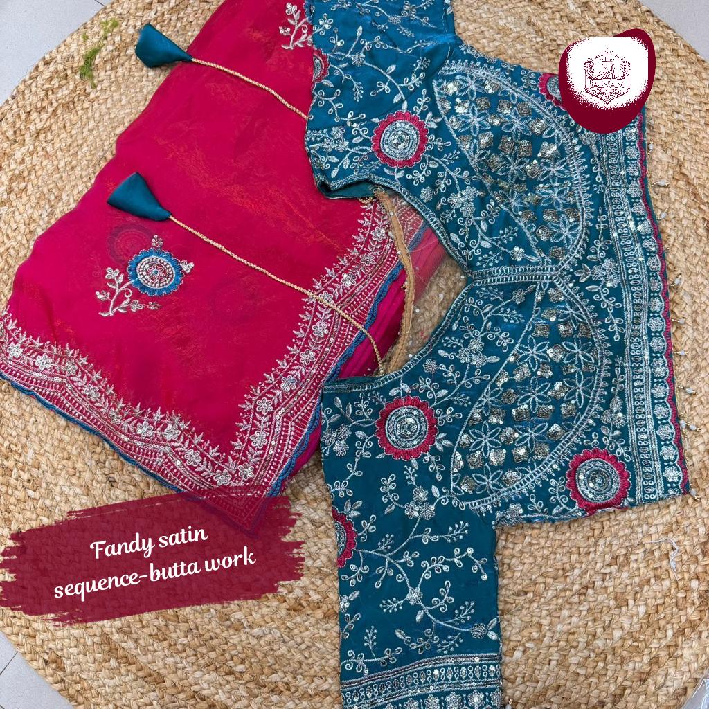 Fandy Satin Saree with Embroidery Sequence Work and Stitched Blouse!
