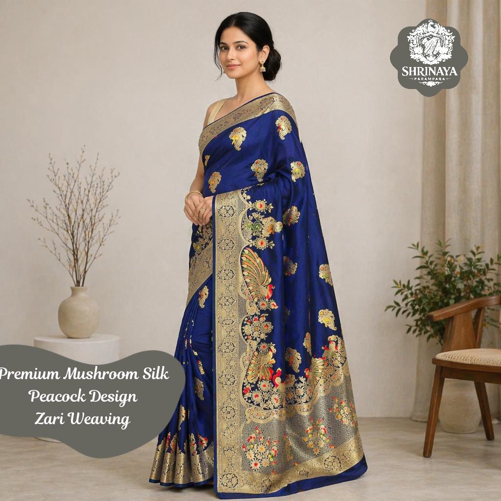 Banarasi Mushroom Silk Saree with Peacock Design and Zari Work