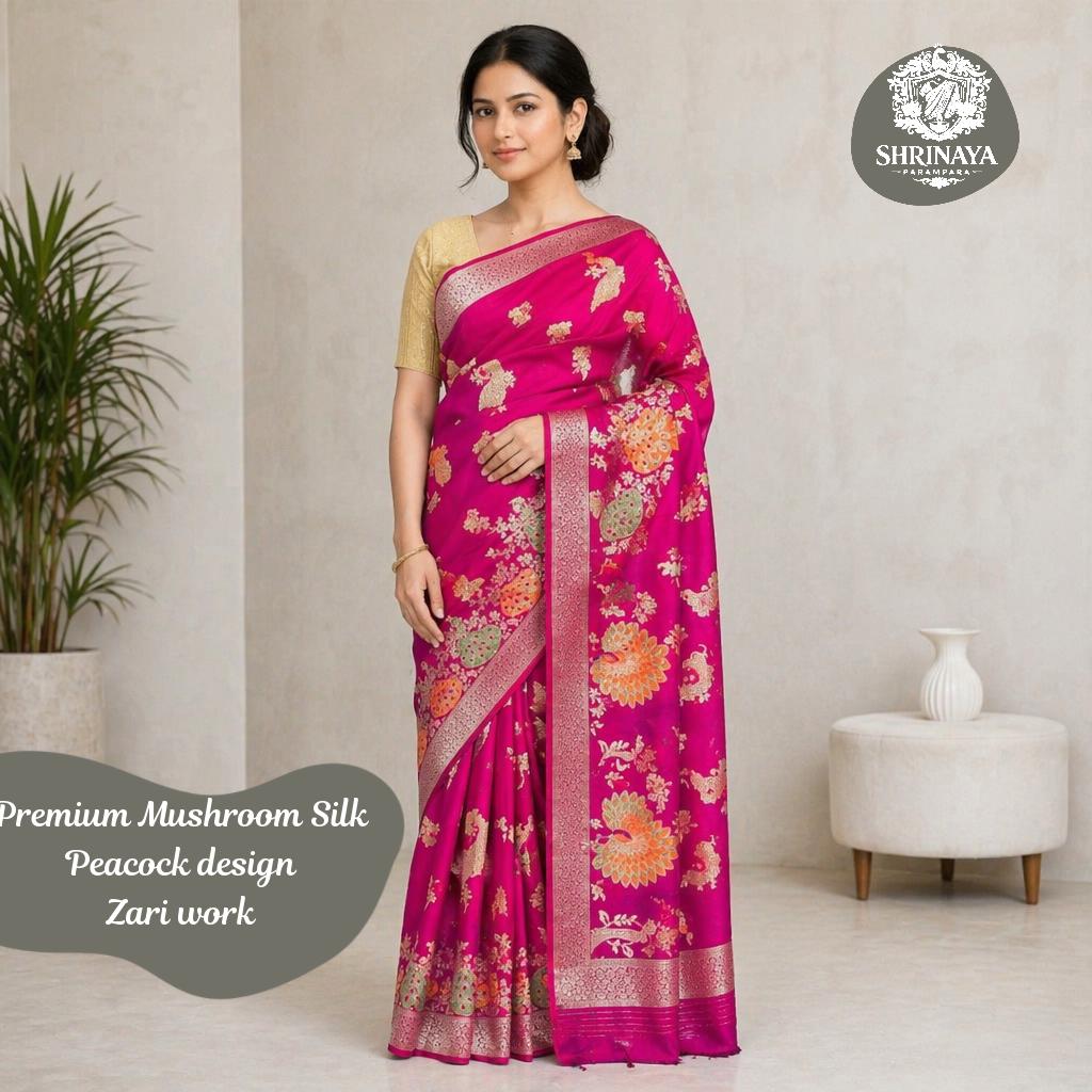 Banarasi Mushroom Silk Saree in Pink with Peacock Zari Work and Attached Blouse