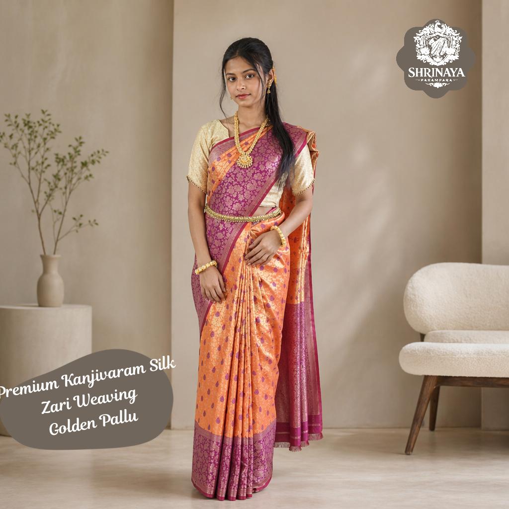 Kanjeevaram Silk Saree with Zari Work in Golden Rust