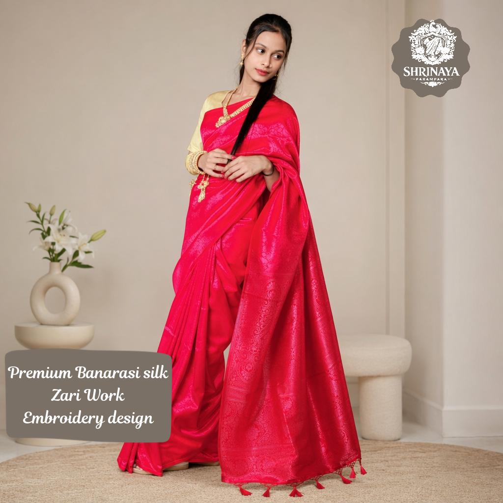 Banarasi Jaal Silk Saree with Embossed Design and Attached Blouse Piece
