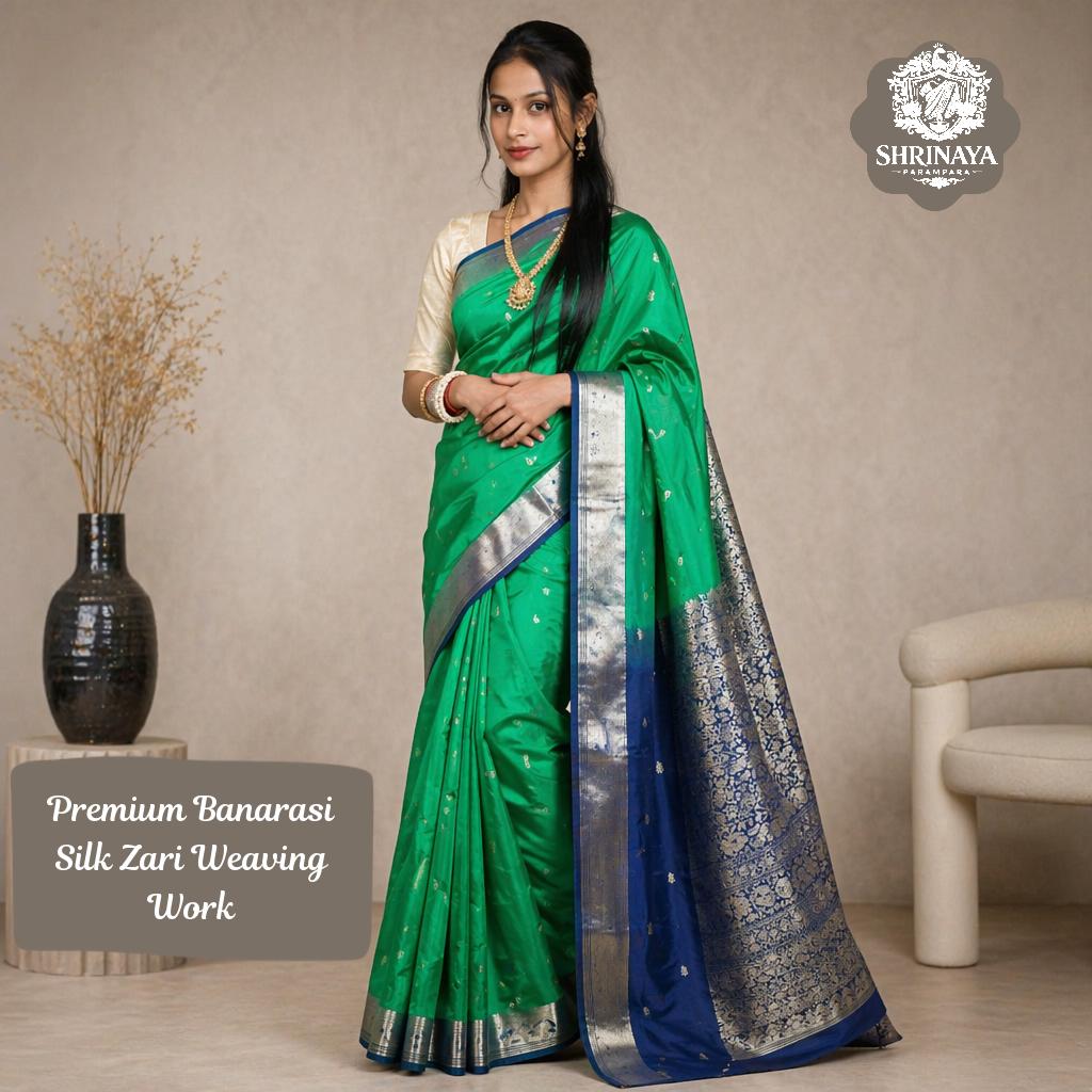Banarasi Silk Saree with Dark Green and Blue Combination, Zari Work, Attached Blouse