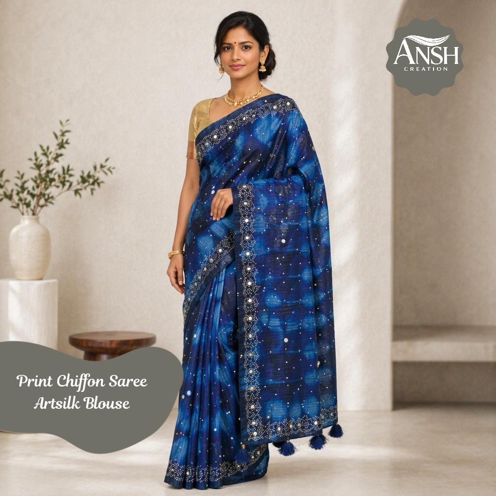 Navy Shibori Print Chiffon Saree with Artsilk Blouse