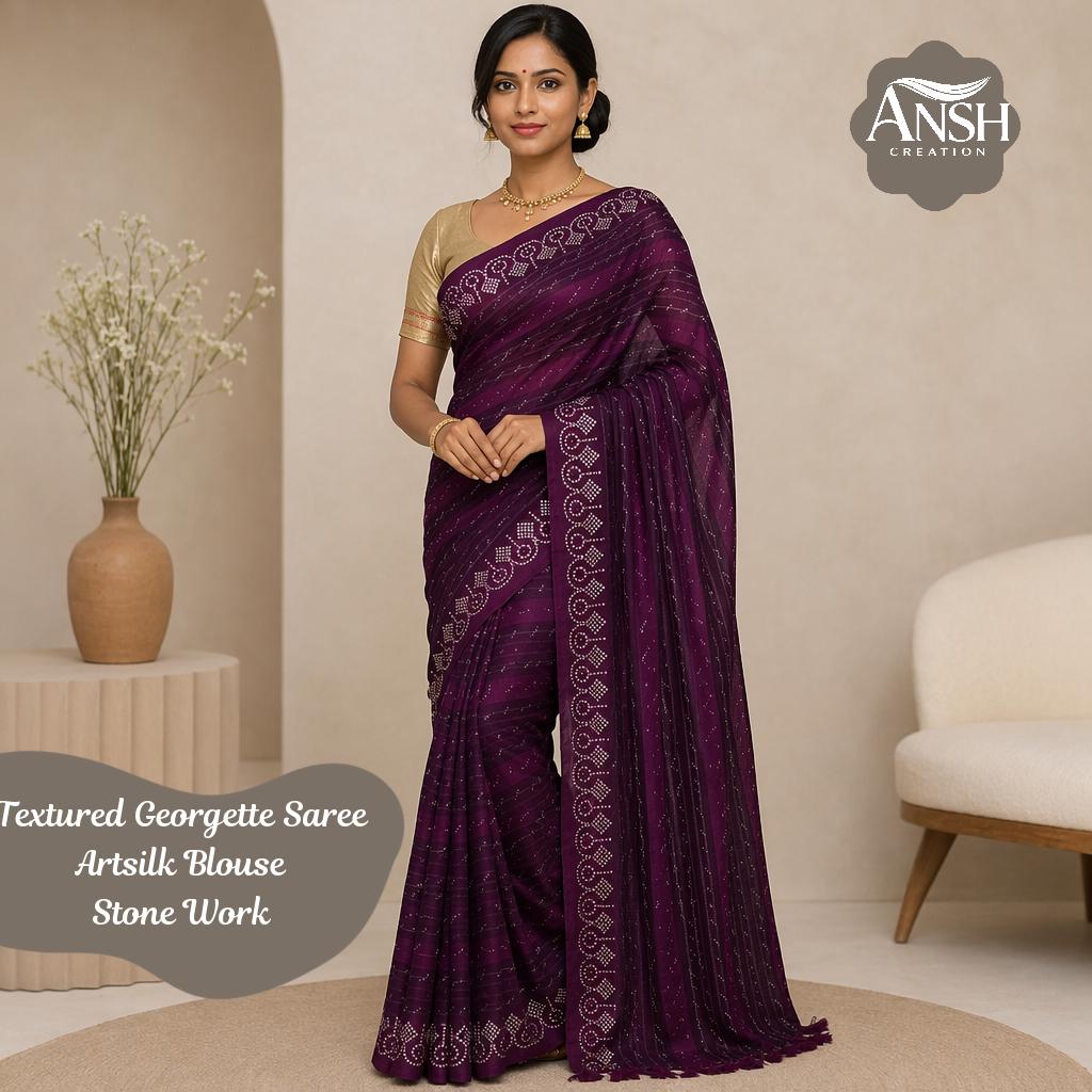 Magenta Textured Georgette Saree with Artsilk Blouse and Stone Work