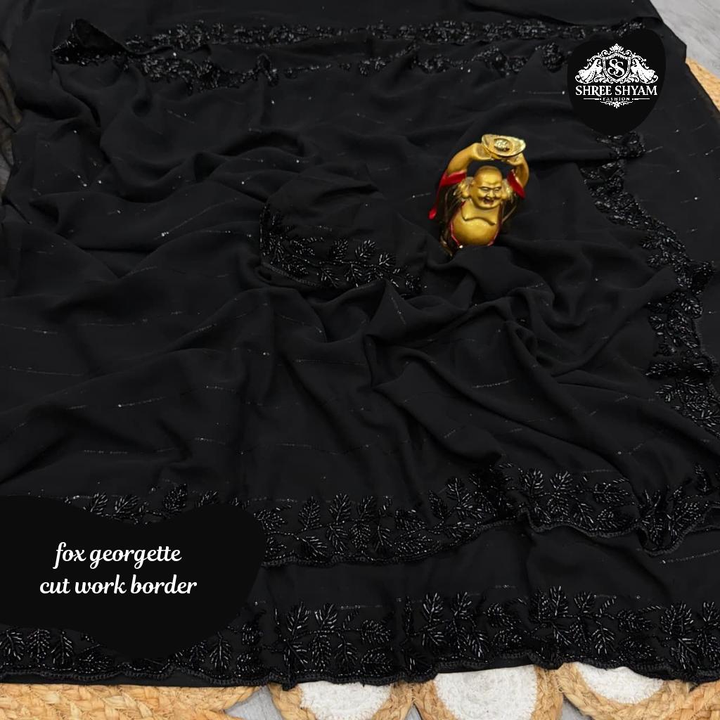 Party Wear Pure Fox Georgette Saree with Black Beads Work and Fancy Blouse!