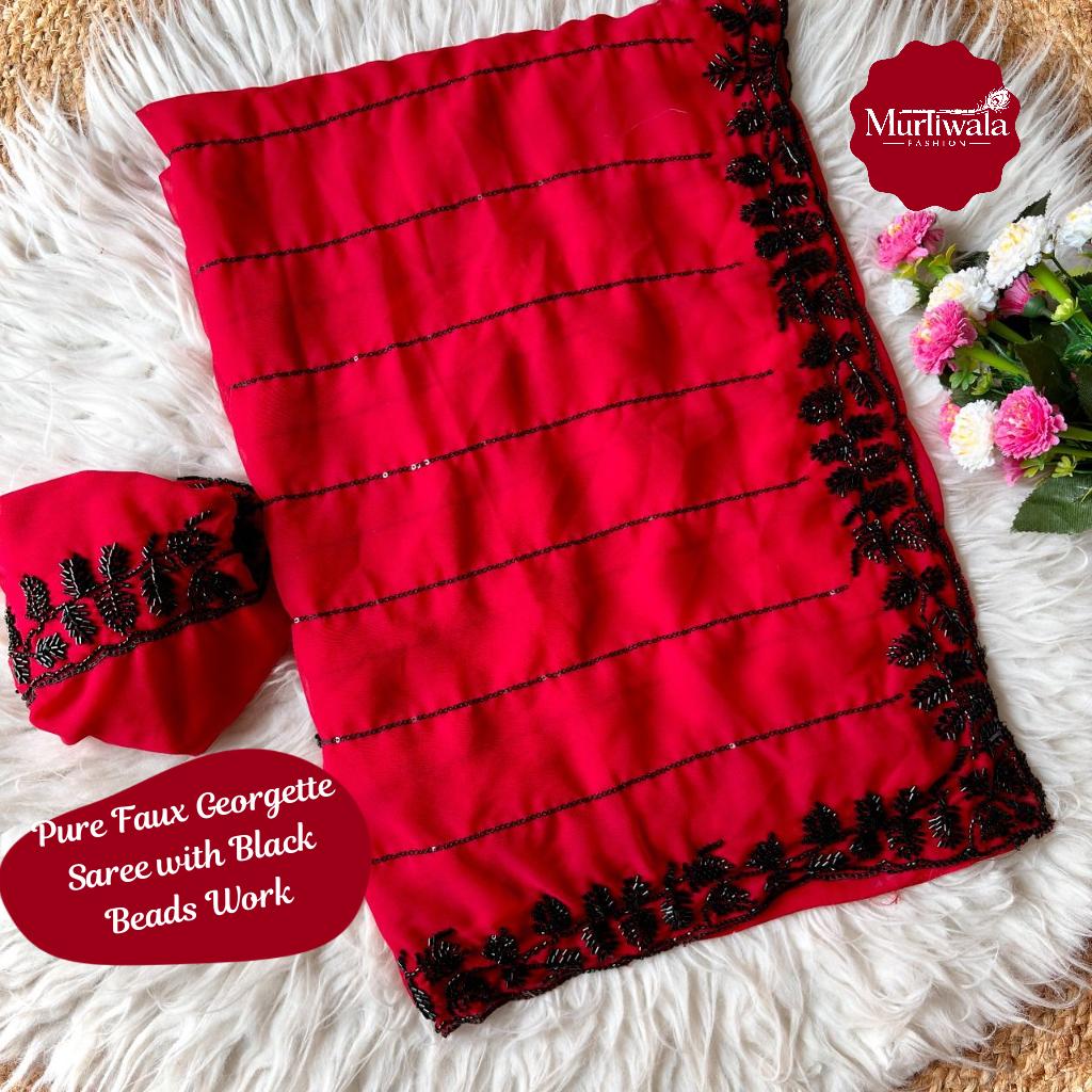 Pure Faux Georgette Saree with Black Beads Work and Fancy Blouse