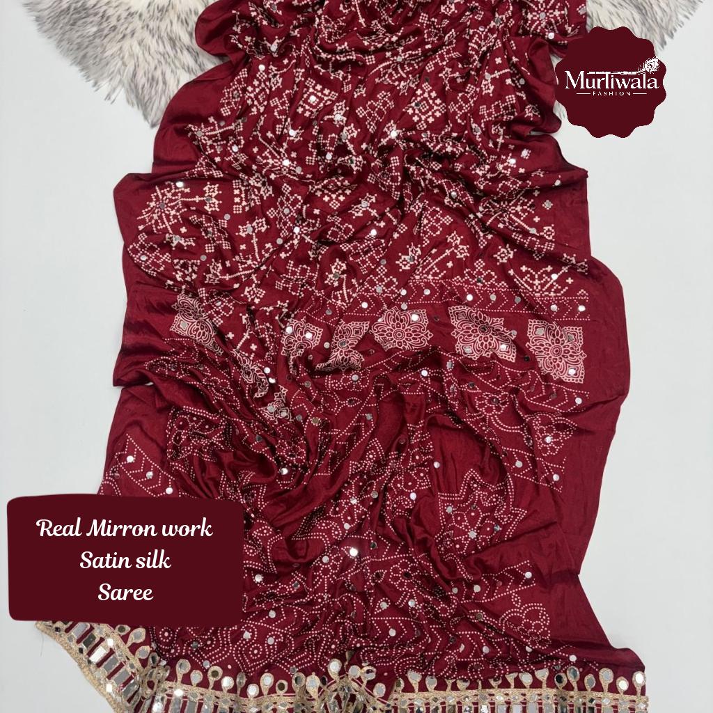 Pure Satin Silk Saree with Real Mirror Work and Printed Blouse