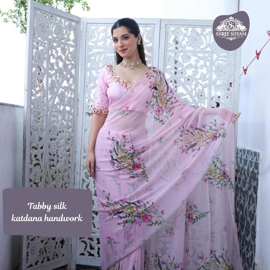 Party Wear Tabby Silk Saree with Floral Print and Handwork Border!